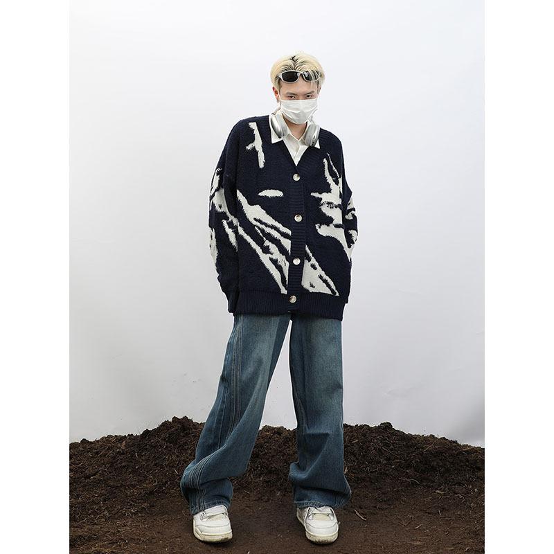 American Vintage Cardigan Sweater Men Autumn Winter Casual Loose Fashion Trendy Streetwear Hip Hop Knit Coat