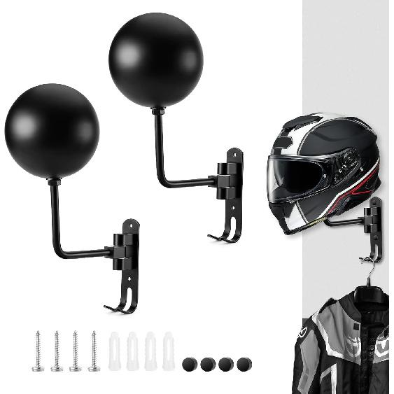 Motorcycle Helmet Holder, Helmet Rack Wall Mount 180 Degree Rotation Helmet Hanger with Double Hook for Coats, Caps, Hats, Motorcycle Accessories
