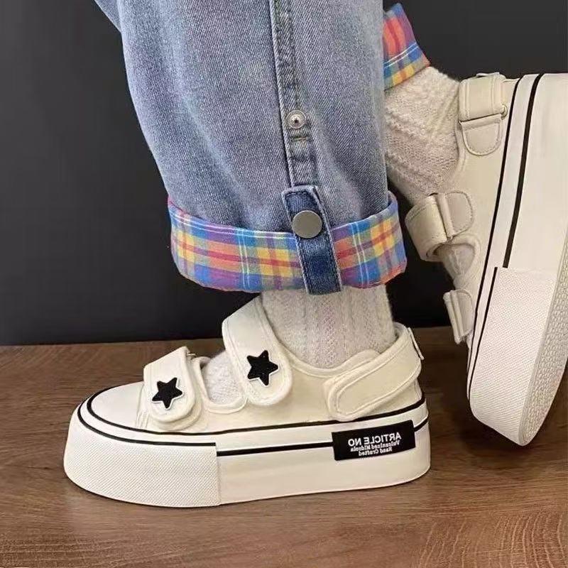 Brand shoes high sense Japanese ugly cute Velcro canvas shoes new breathable thick sole