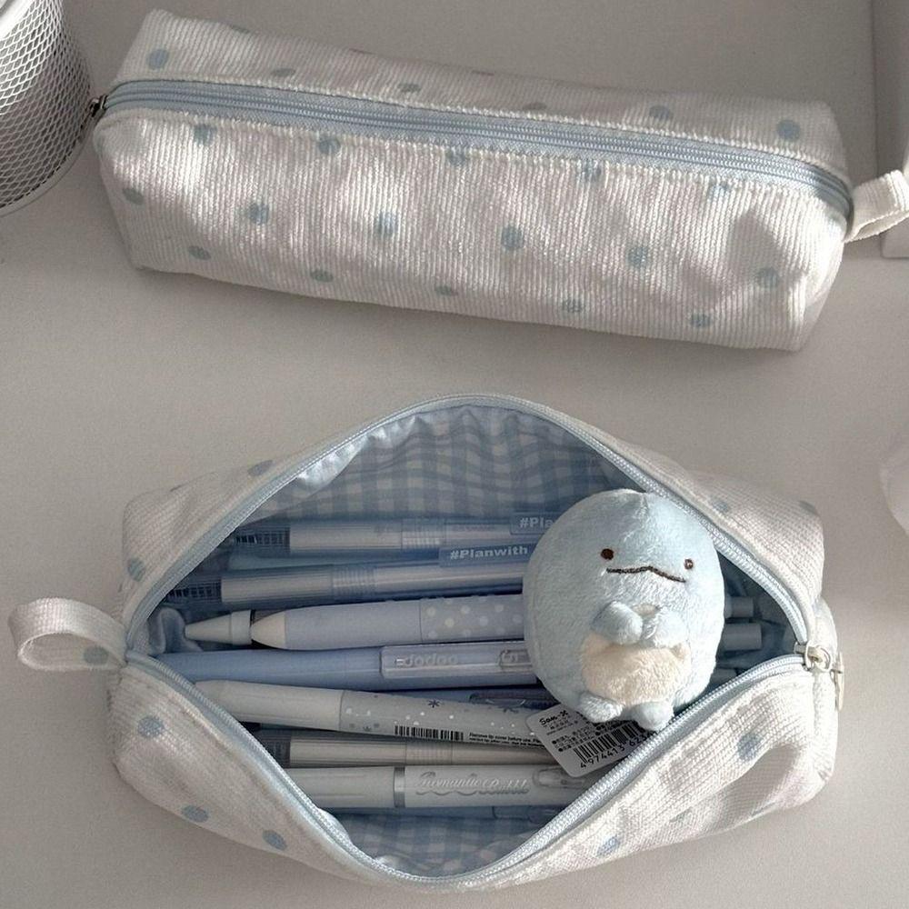 Portable Cream Color Pencil Case Multi-functional Polka Dot Pen Bag Large-capacity Stationery Pouch School Supplies