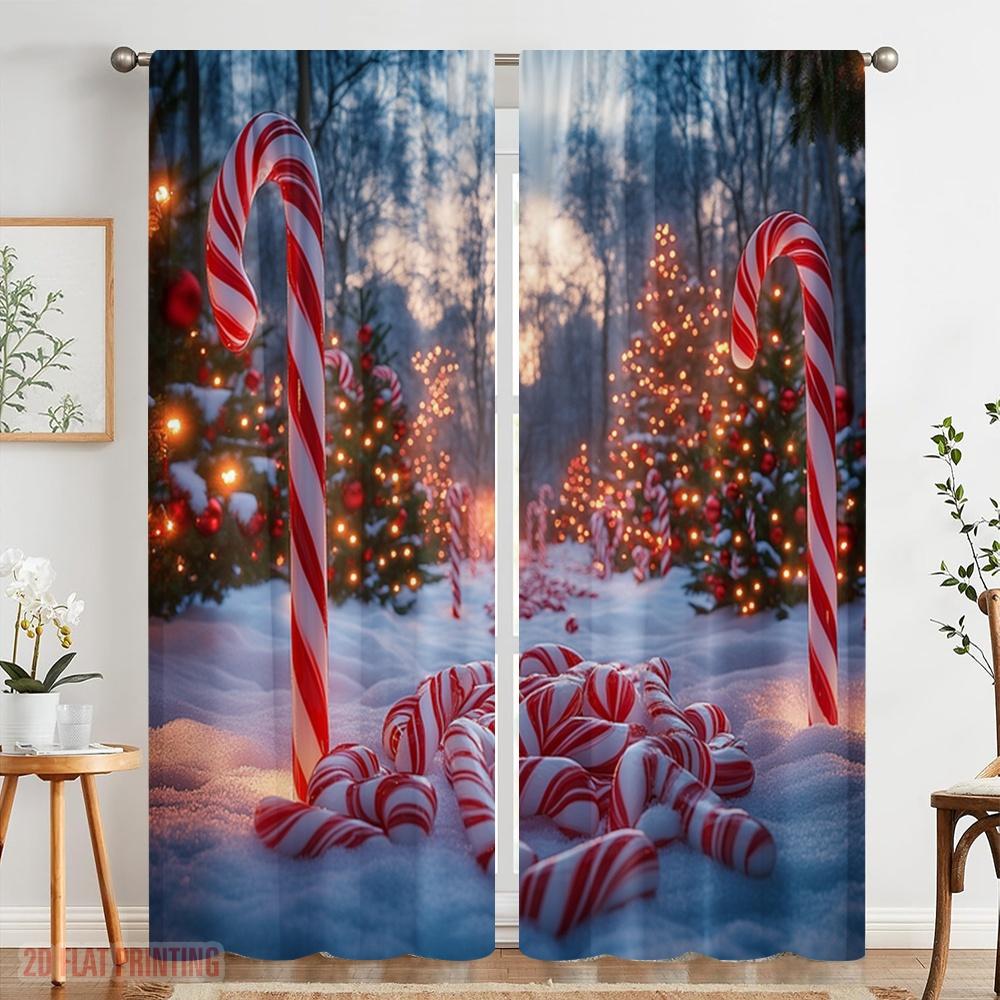 2pcs,2D plane printing Pattern Curtains Christmas Candy Snow Trees (2) 100% Polyester (without rod) Holiday Use for Bedroom,