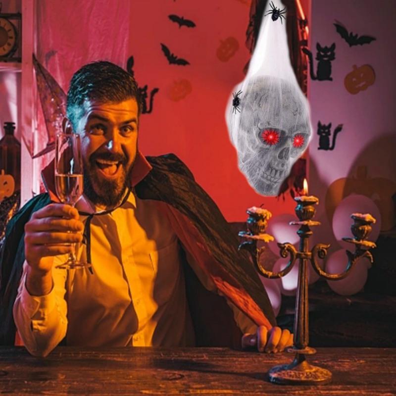 Halloween Horror Glowing Sound Control Spider Cotton Skull Prop with Light Up Eyes Ghost House Secret Room Courtyard Decoration