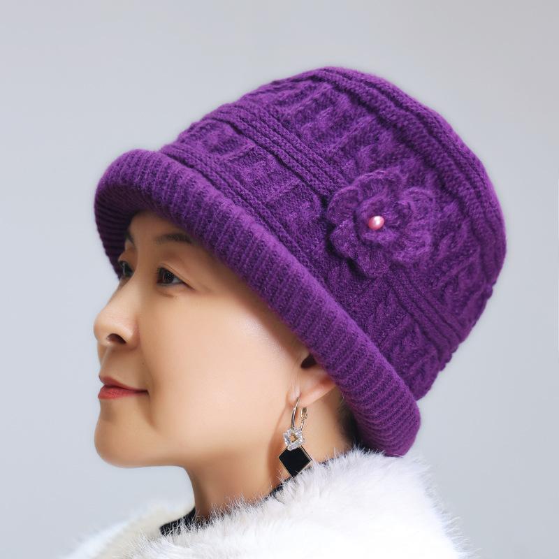 Winter new middle-aged and elderly hats women's knitted ear protectors handmade wool hats, plush warm mother cold-proof hats