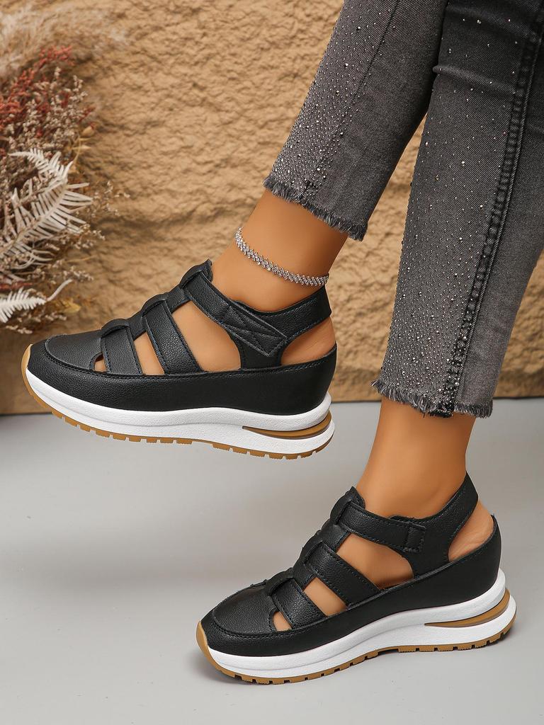 Fashion Platform Wedges Sandals for Women Summer Closed Toe Silver Sports Sandals Woman Thick Sole Leather Women's Sandals Hollow Out