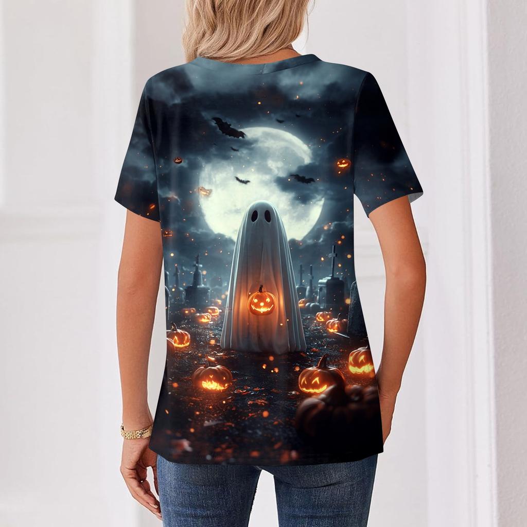 Women's Casual Halloween Print V Neck Short Sleeve Button Front T Shirt Top Lightweight Comfortable Fit for Everyday Wear