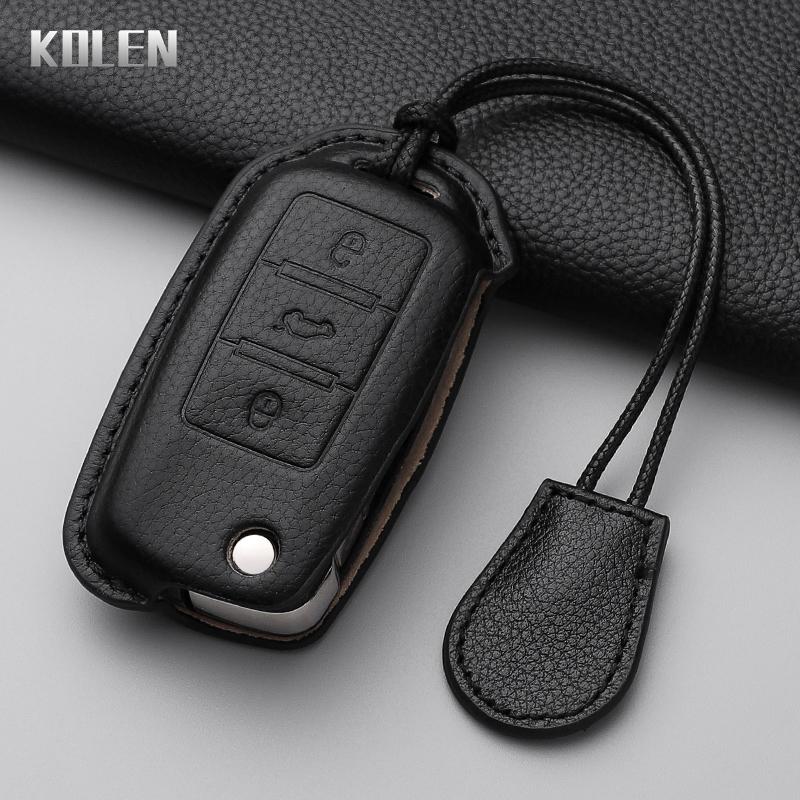 Genuine Leather Auto Key Fob Cover Case Housing Remote Fit For Vw Volkswagen Polo Tiguan Passat B5 B6 B7 Golf 4 5 6 Mk6 Jetta Lavida Fit For Skoda