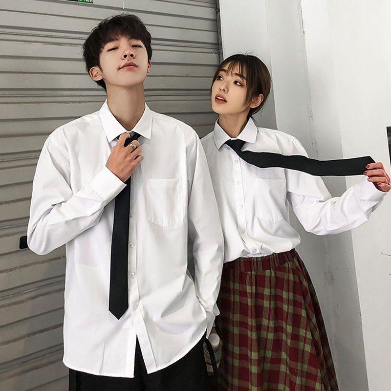 Long Sleeve Pocket Shirt Boys College Style Tie Graduation Class Uniform White Top Shirt Men's Student Couple Clothing