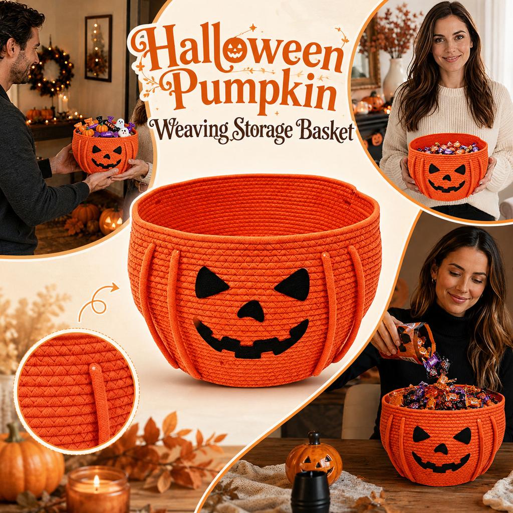 Halloween Pumpkin Woven Storage Basket Cotton Rope Decorative for Home Shelf