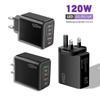 120W Multi-Port Fast Charger, PD+USB, Type-C, EU/US/UK Plug, Compatible with Apple Devices.