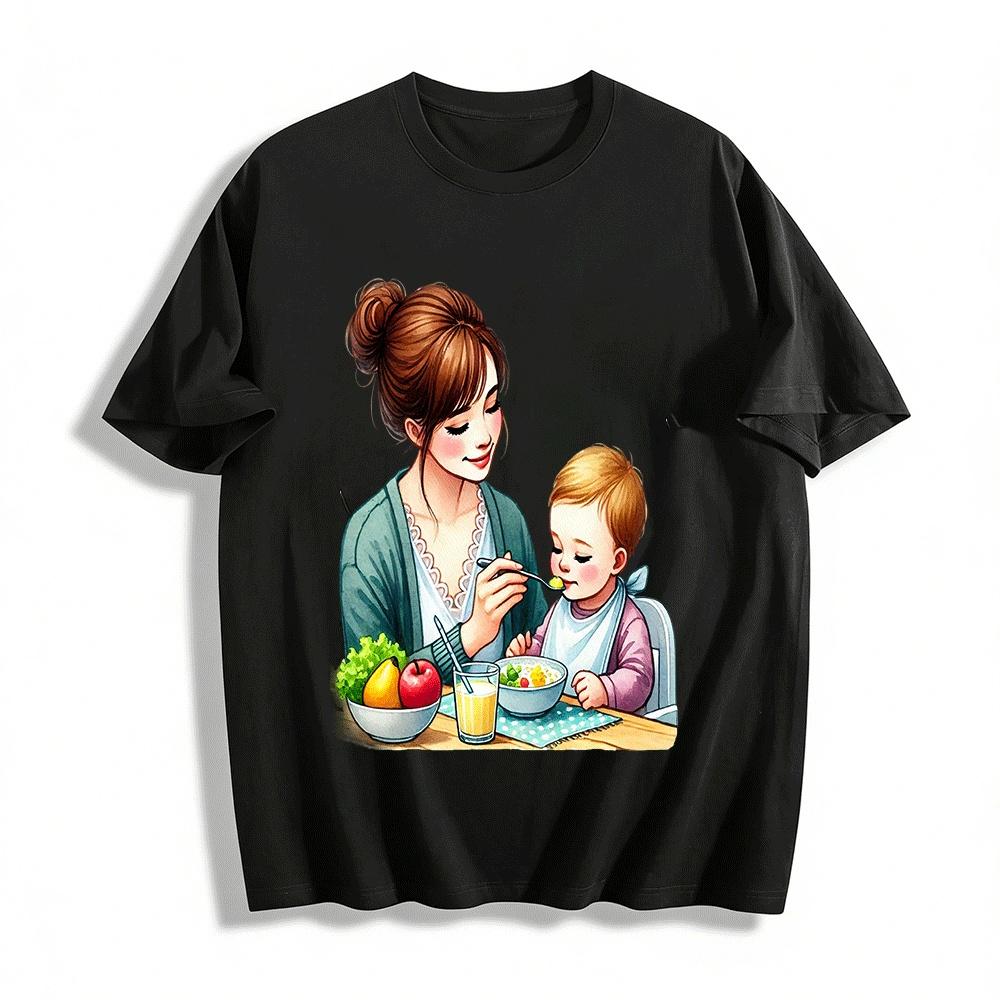 Warm Parent-child Feeding Print Casual Adult Top Pure cotton T-shirt XXS