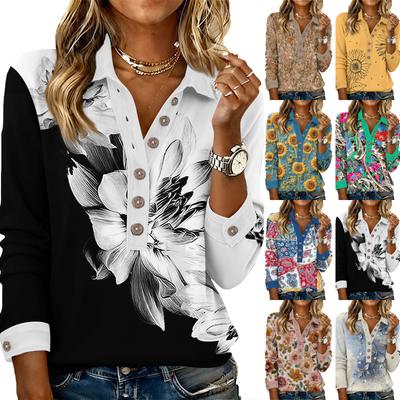 Women's Relaxed V,neck Long,sleeved Button,down Floral Pullover Top