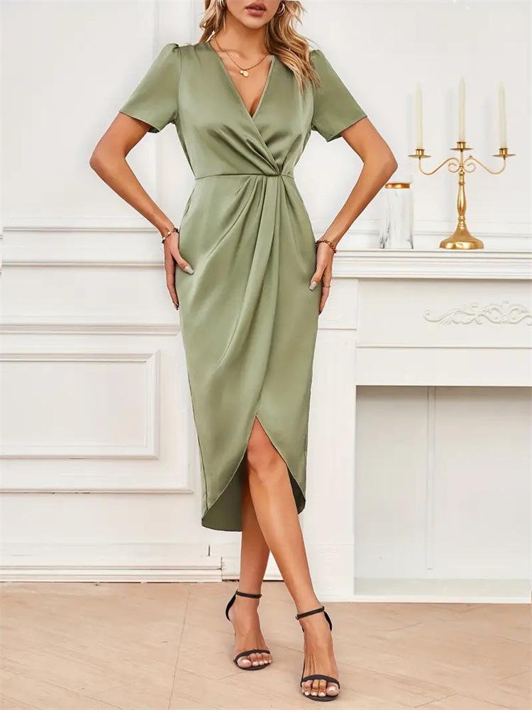 Women's Satin Crossover Wrap Dress - Spring/Summer Short Sleeve Long Irregular Skirt