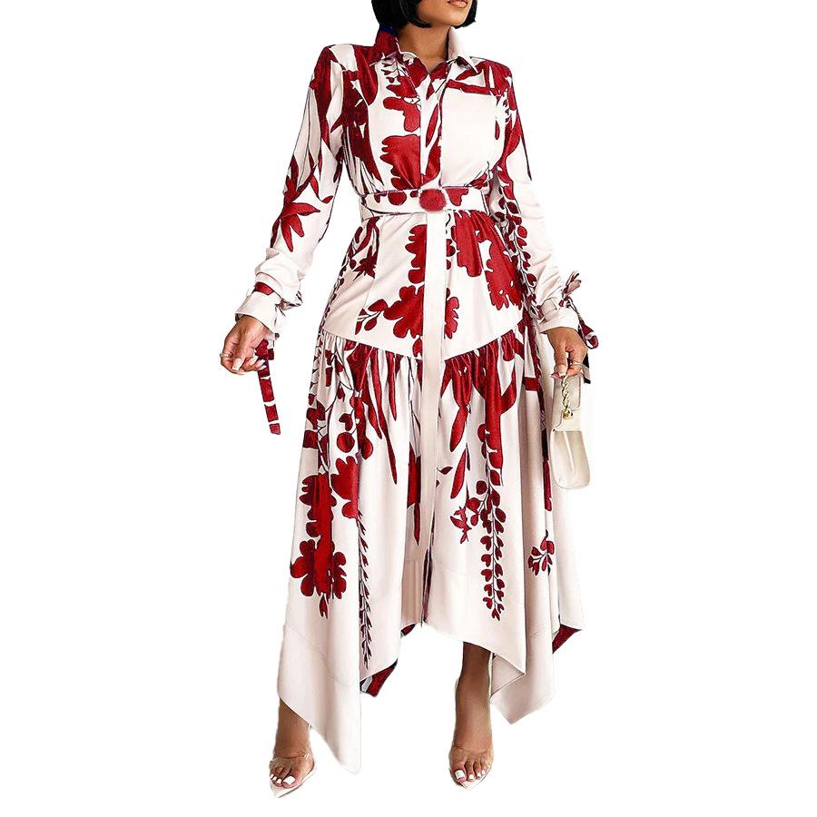 Women's Summer Fashion Print Dress with Turn-Down Collar and Long Sleeves