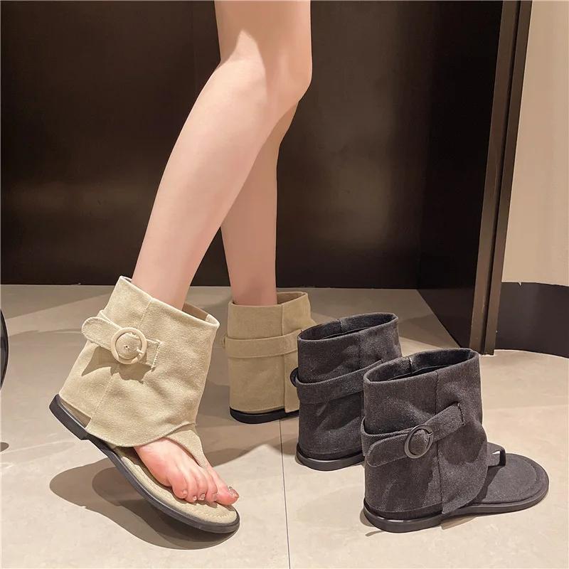 Canvas Flip-flops Pants Boots Women's Sandals Short Boots 2025 Summer New Flat Open-toed Hollow Cool Boots