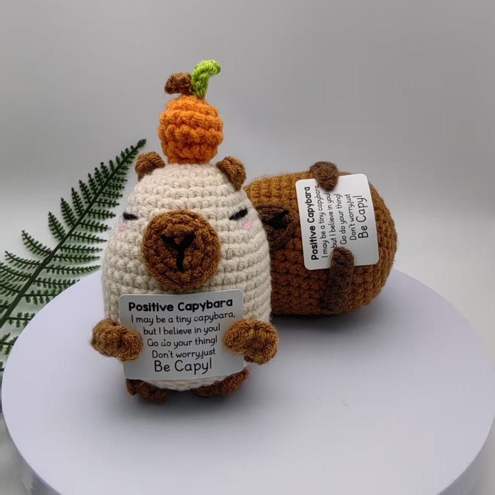 Positive Crochet Animals Capybara Doll With Card Desktop Ornament Handmade Knitted Cheer Up Capybara Doll Home Room Decoration