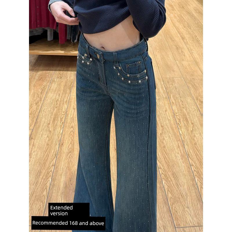 Vintage Blue Starry Rhinestone Flared Jeans for Women, New Spring Style, Plus-Size High-Waisted Non-Tight Flared Pants Blue, Extended Length 3XL