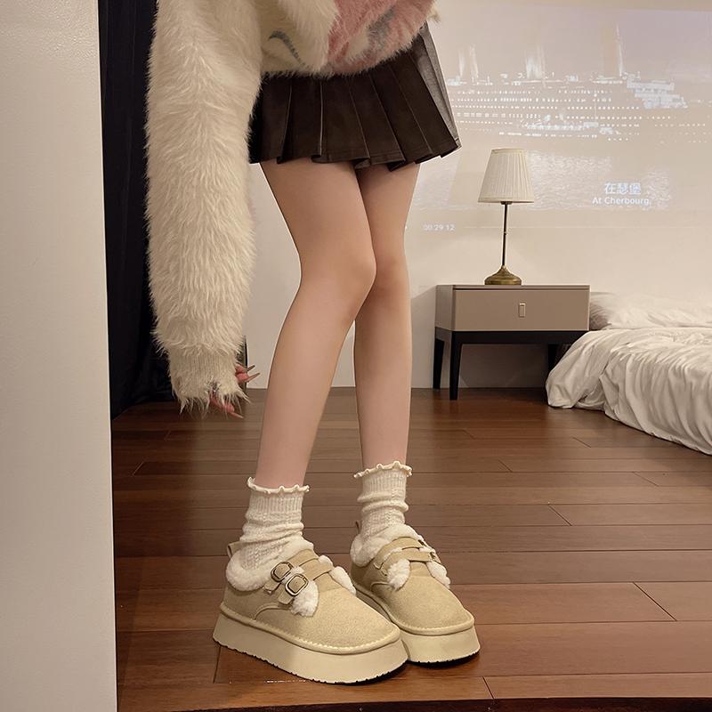 אופנה חורף נשים מגפי שלג עם בוהן עגולה אבזם כפול 2024 מכירה חמה סוליה עבה חם קטיפה עקב בינוני עמיד למים נעלי נשים קז'ואל