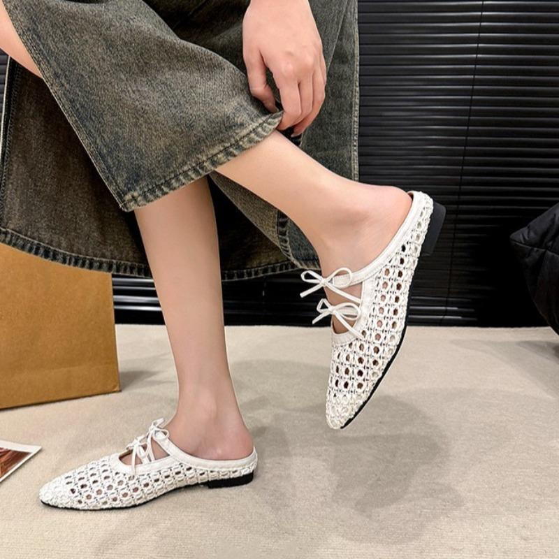 Fashion Baotou Slippers Summer New Pointed Toe Shallow Mouth Front Lace-up Fabric Soft Sole Non-slip Wear-resistant Flat Shoes