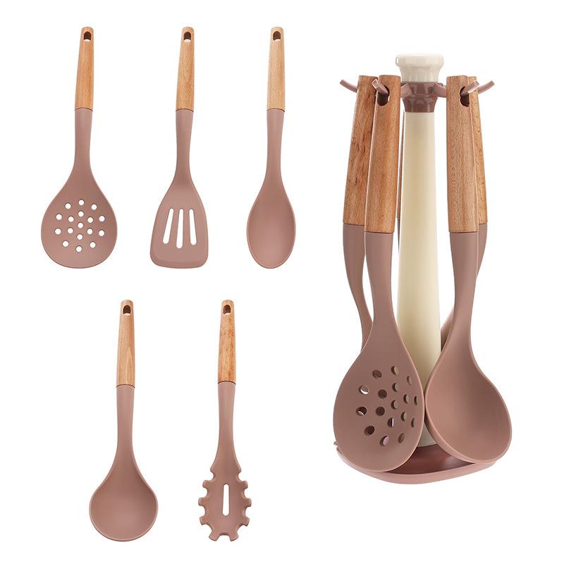 

Silicone Kitchenware Set: 6-Piece Wooden Handle Utensils, High-Temperature Resistant with Storage Rack, Includes Spatula & Soup Ladle.