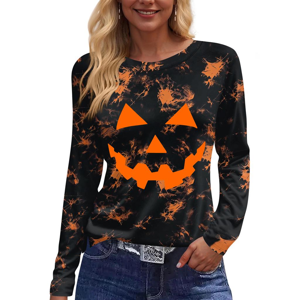 Women's Long Sleeve Halloween Print Top with Round Neck and Side Slit Hem