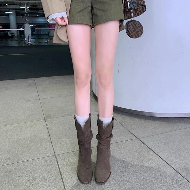 Cowhide Model~ Genuine Leather Small Man Inner Height Increase 8cm Martin Boots Women's Thick Heel Thin Western Medium Tube Short Boots Stacking Boots