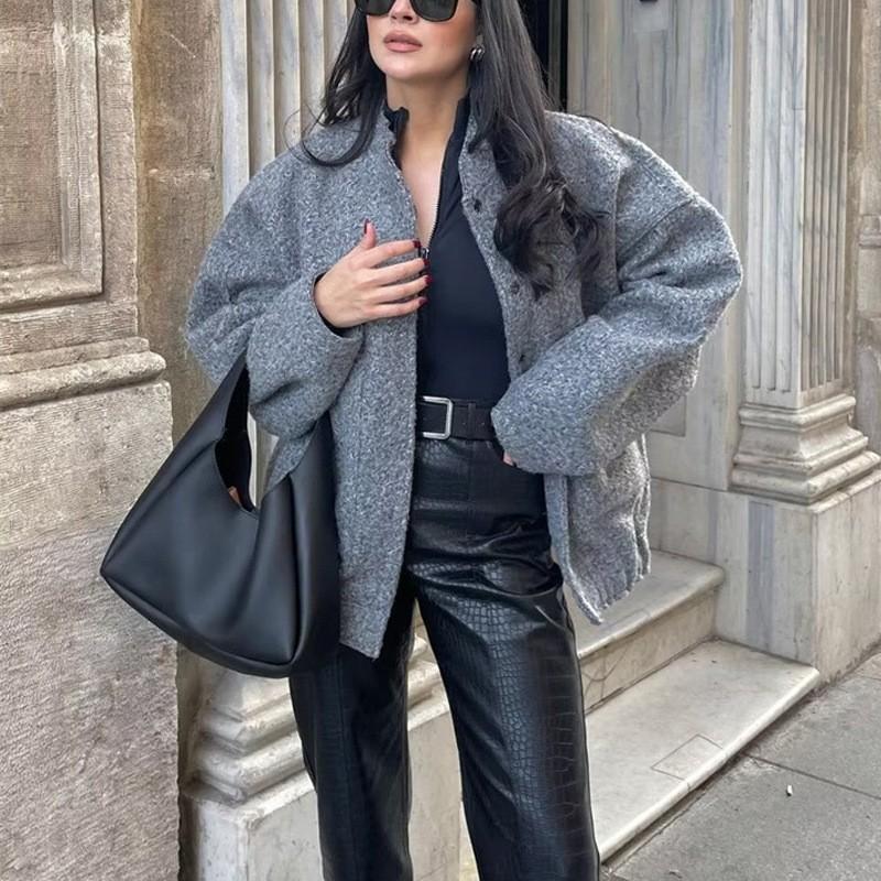 Woman Fashion Loose Gray Warm Baseball Jacket Spring Casual Oversized Bomber Jacket Girls Vintage Thick Warm Outwear