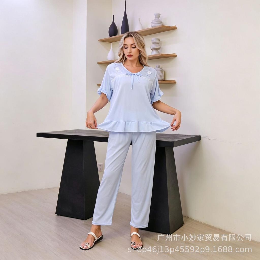Women's pajamas threaded fabric lace splicing short-sleeved shorts sweet loungewear new explosion