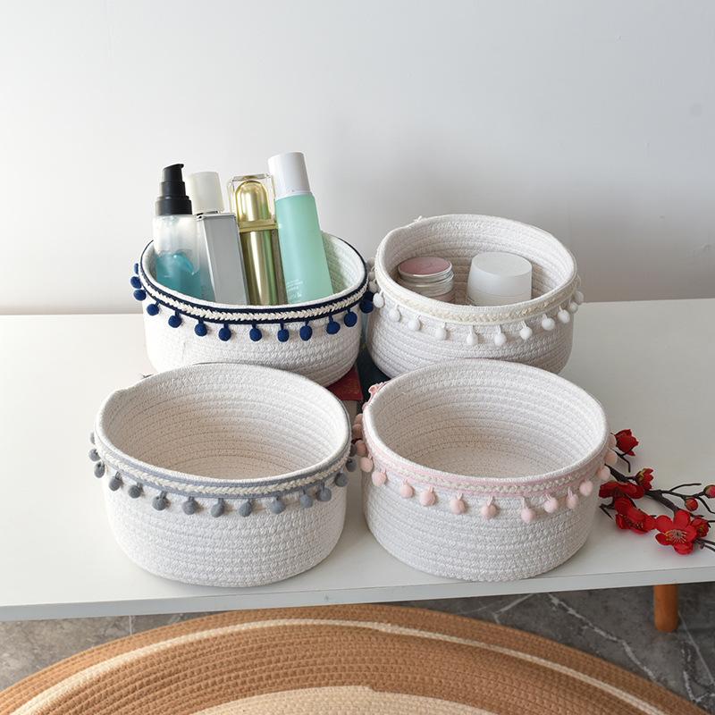 Woven Cotton Rope Storage Basket Desktop Storage Holder with Pompom Tassel
