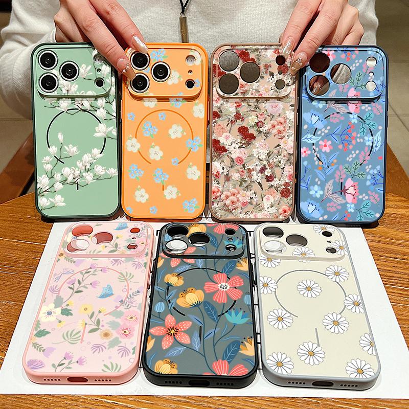 Little Flower Pattern Magnetic Phone Case For iPhone 17 ProMax 16 15 14 13 Pro Max For Magsafe Wireless Charge Hard Back Cover