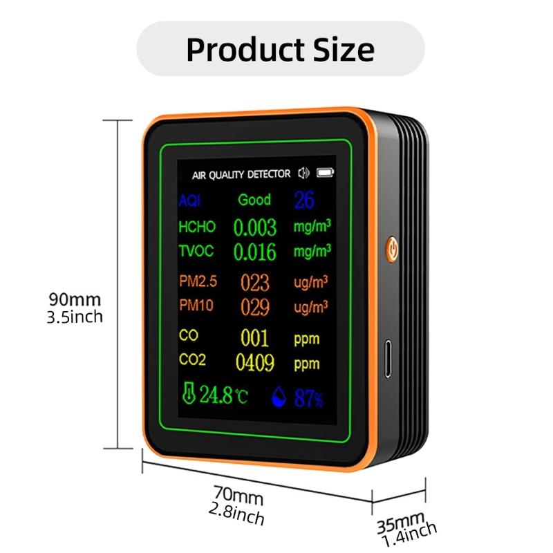 Air Quality Pollution Meter HCHO TVOC CO CO2 PM2.5 PM10 Temperature Humidity Meter with Buzzers Tester Color Display