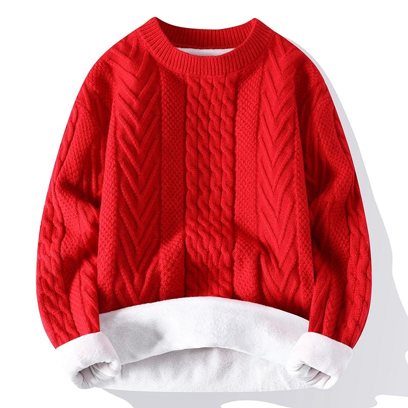 Men's Clothing Autumn Winter Flocking Solid Color Pullover Lantern Long Sleeve O-Neck Sweater Knitted England Style Stylish Tops