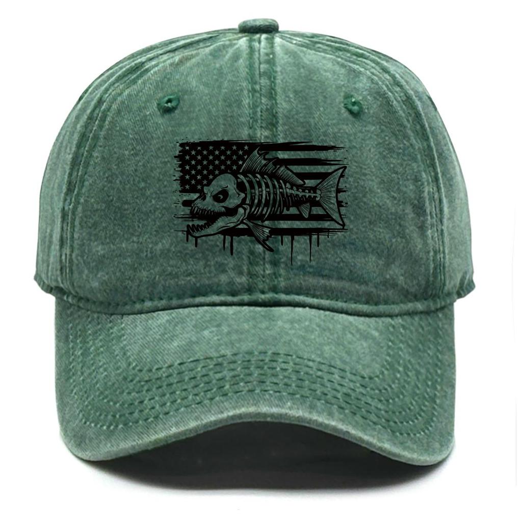 American Flag Fish Skeleton Print Adjustable Baseball Hat, Patriotic Mesh Hat Retro Distressed Non-Stretch Fabric Washed Snapback Sun Hat