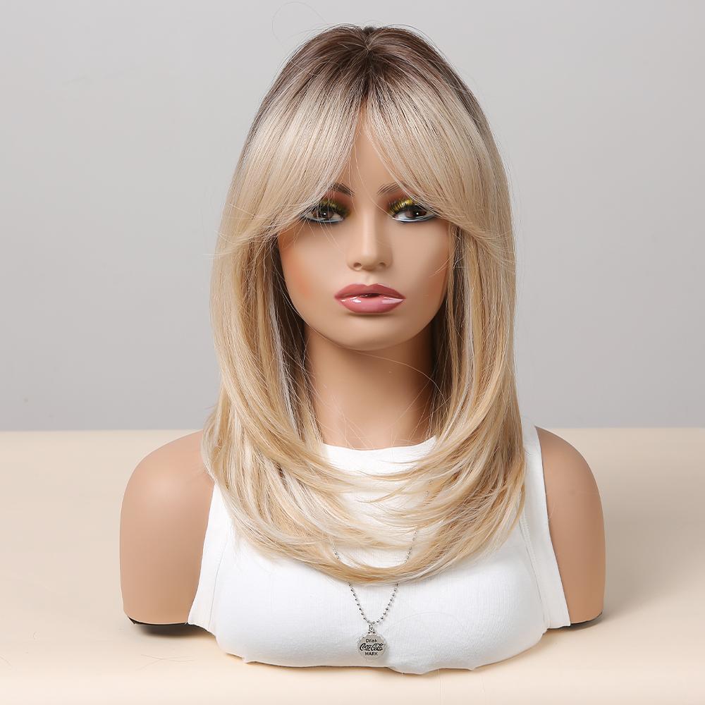 Synthetic Wigs Long Natural Wavy Wig Ombre Brown Golden Highlight Blonde Layered Hair with Side Bangs for Women Heat Resistant
