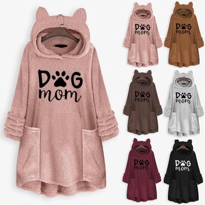Women Fleece Embroidery Cat Ear Plus Size Hoodie Pocket Top Sweater Blouse