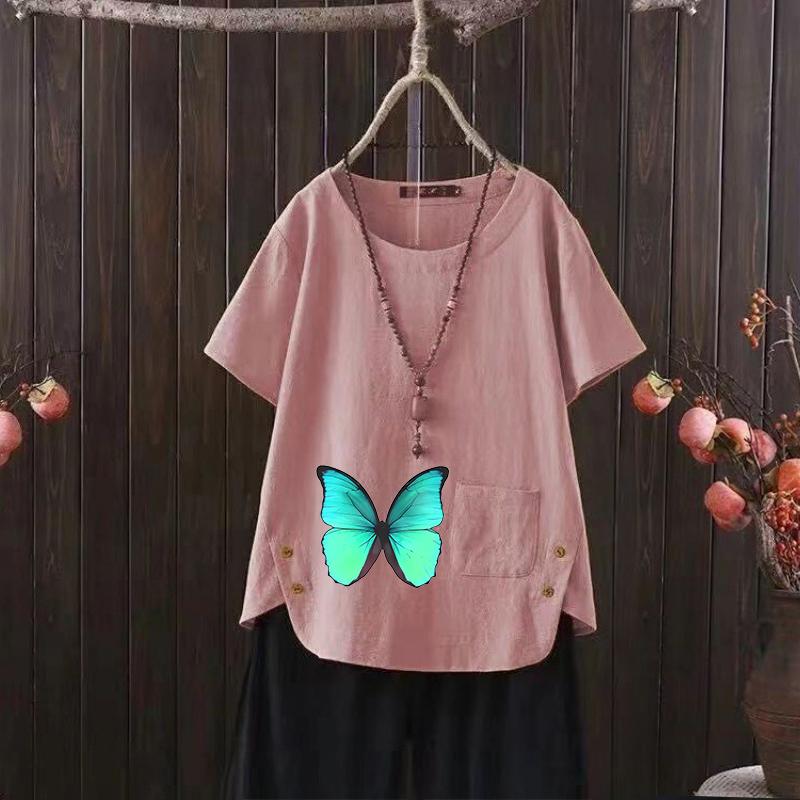 Animal Butterfly Print V-neck Cotton Hemp T-shirt for Women - 2025 Summer Casual