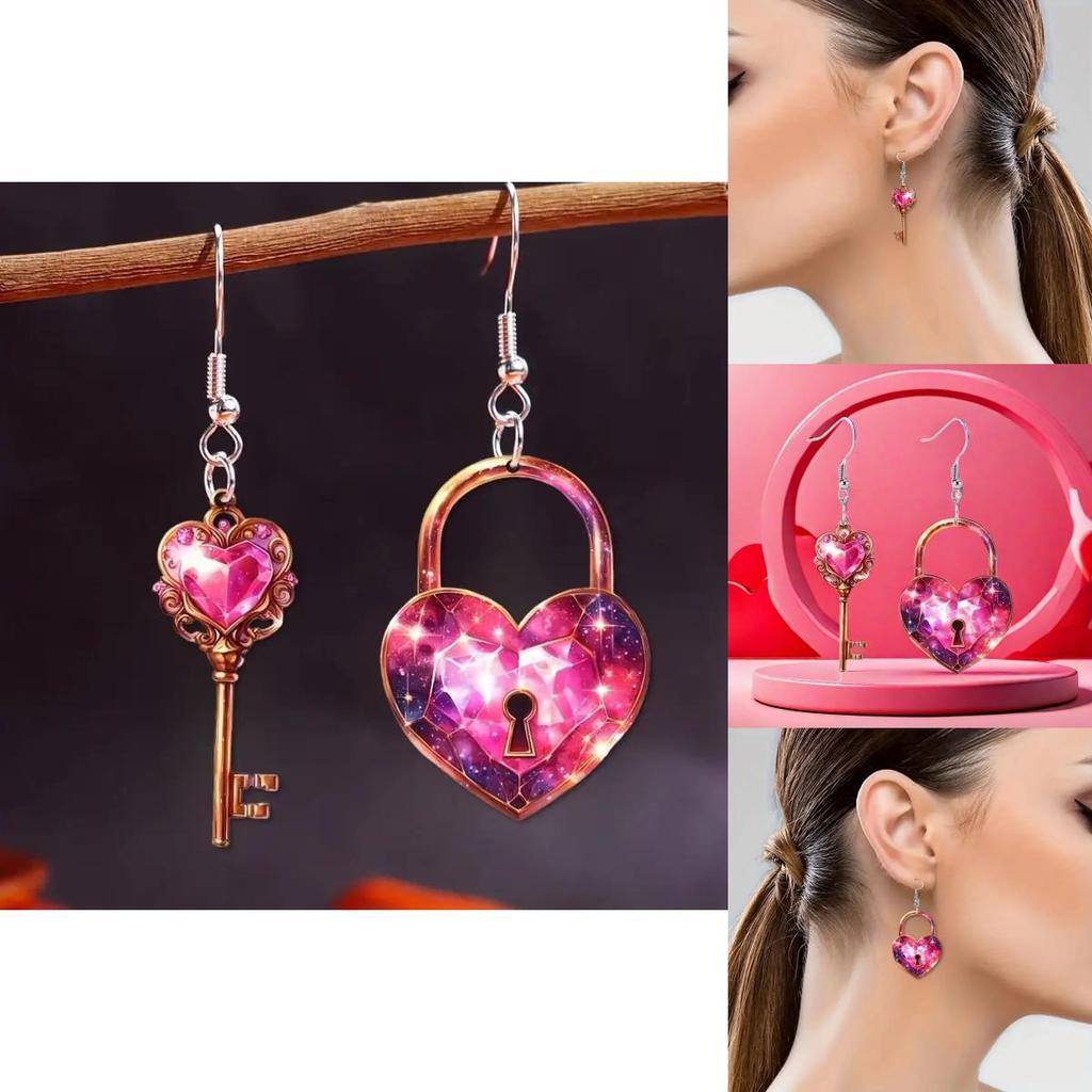 Sweet Heart Shaped Lock And Key Design Acrylic Women Pink Earrings Jewelry For All Genders