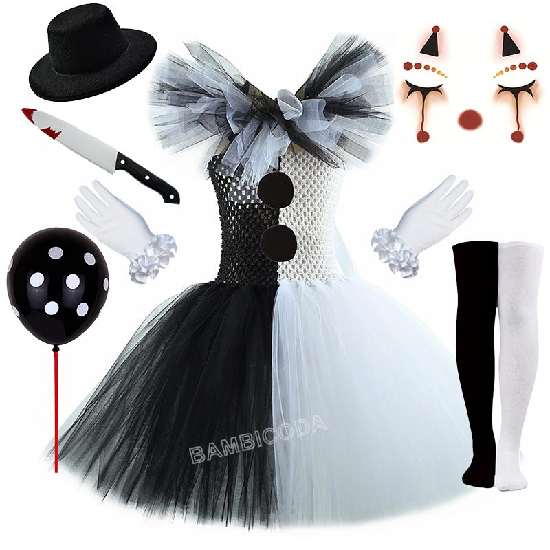 Das Clownskostüm Terrifier Art Girl Schwarz Weiß Ausgefallenes Tutu-Kleid Horror Joker Kleid für Mädchen Halloween Karnevalsparty Kostüme