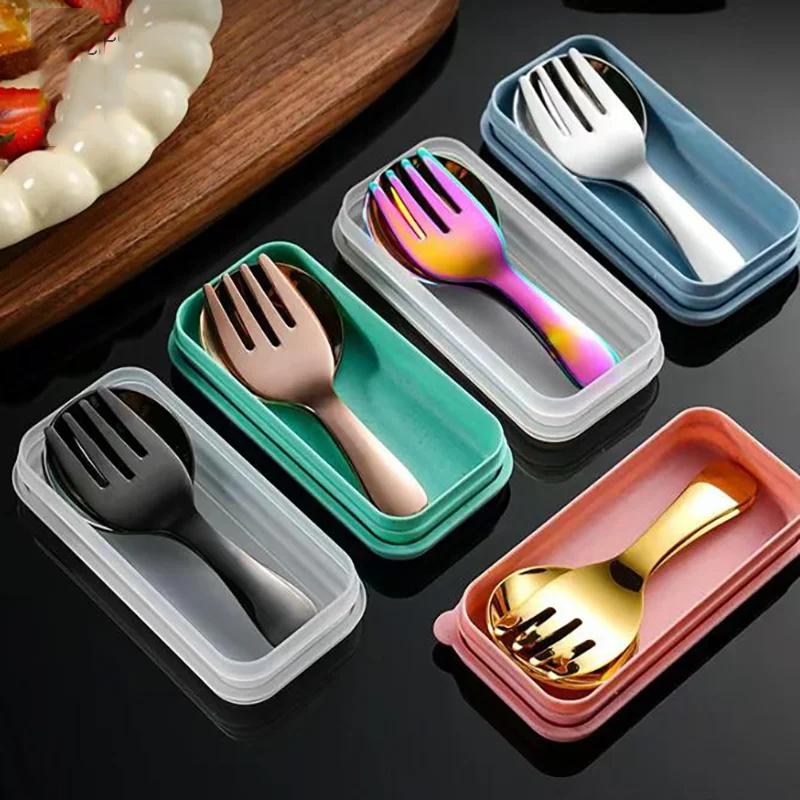 2 Stück/Set Mini Tragbares Löffel Gabel Geschirr Outdoor Camping Edelstahl Besteckset Für Mittagessen Wandern Camping Kochzubehör