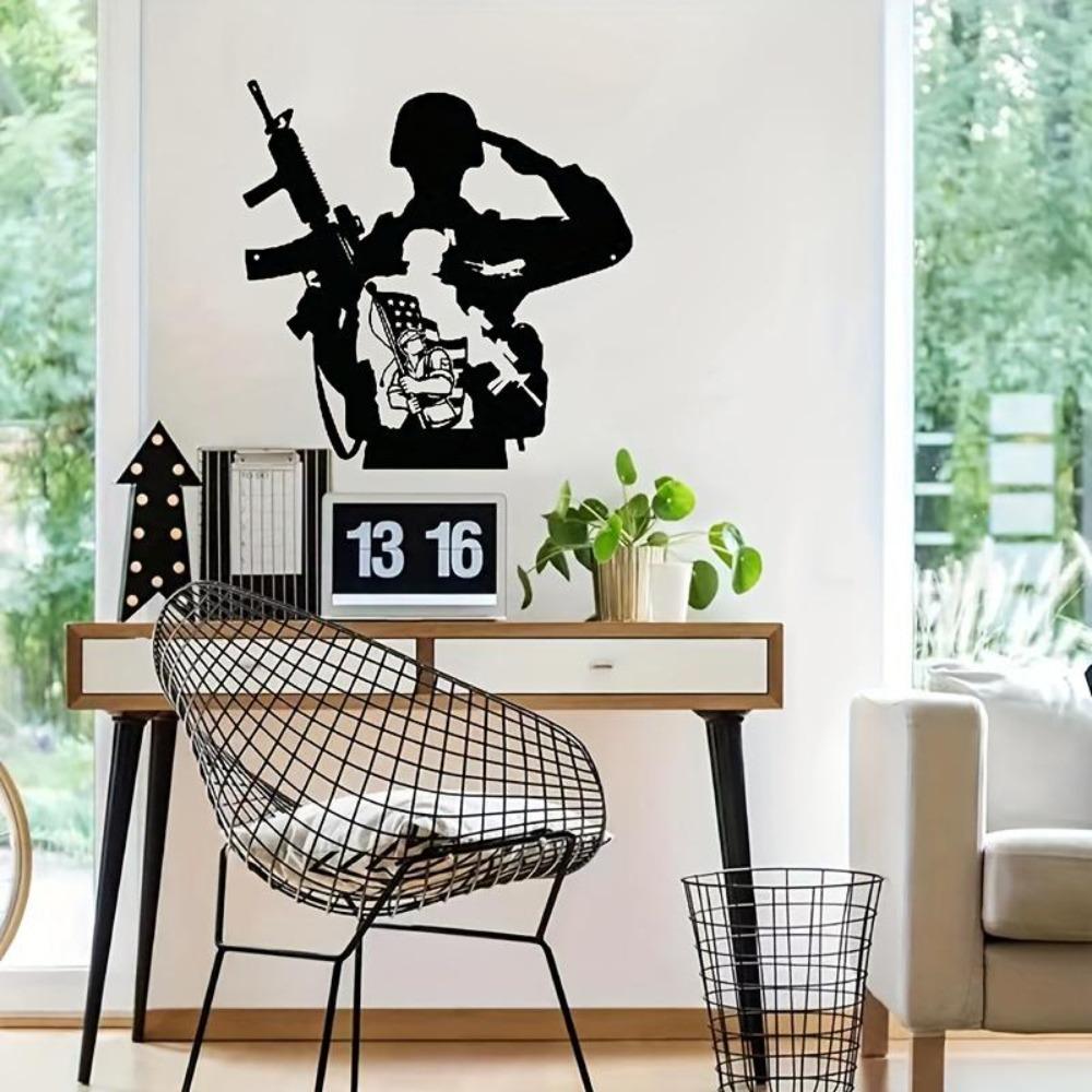 Black Metal Soldier Wall Art Silhouette Gun Flag Decor Office Home Cave Gift