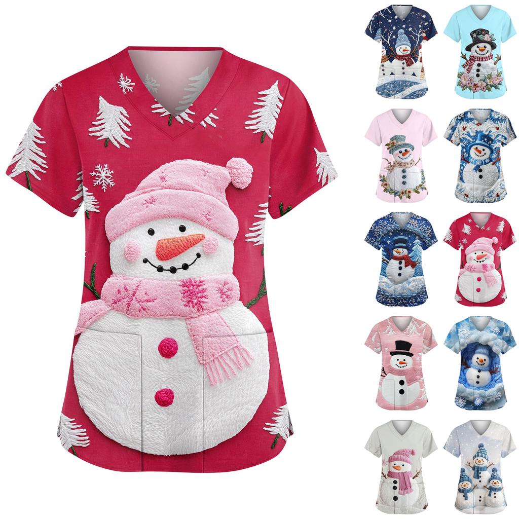 Damen Modische V-Ausschnitt Arbeitskleidung Weihnachten Bedruckt Kurzärmlig Tasche Seitenschlitz Arbeitskleidung Basic Pullover Top