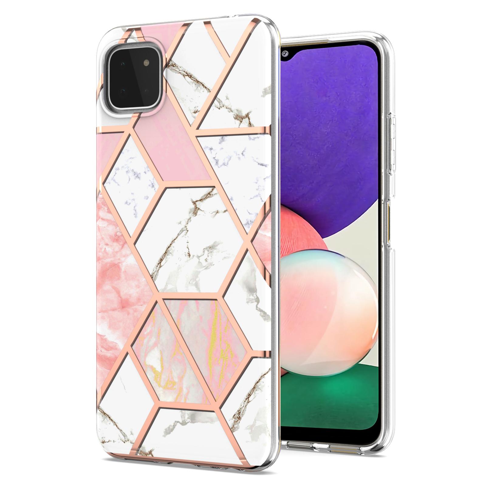 

For Samsung Galaxy A22 5G (EU Version) Case Splicing IMD Marble Pattern Electroplated TPU Back Cover Pink/White