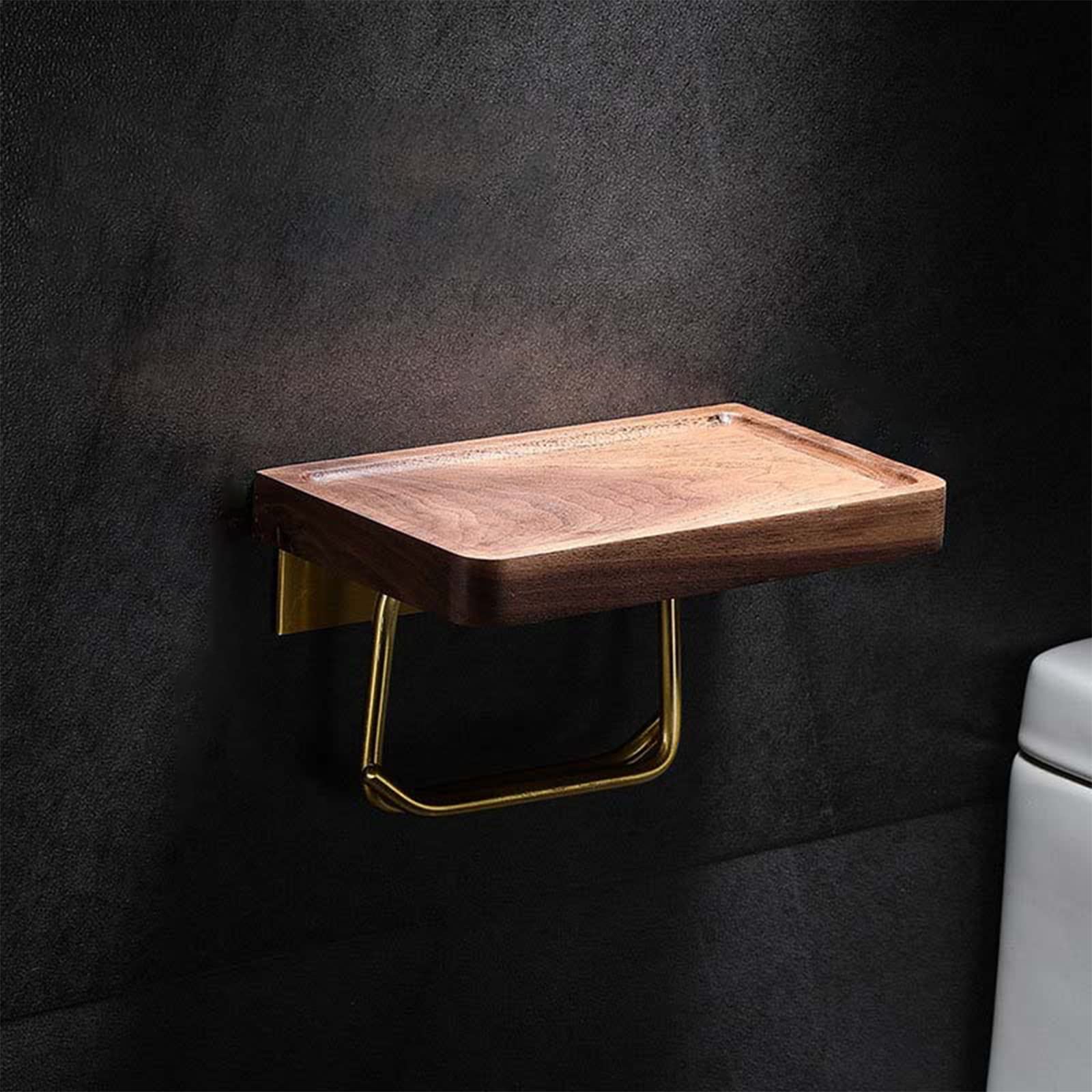 

[Natural Wood and Brass] Stylish Toilet Paper Holder with Shelf, DIY for Rentals, Utilizes Existing Holes, Dustproof Design, Easy Installation