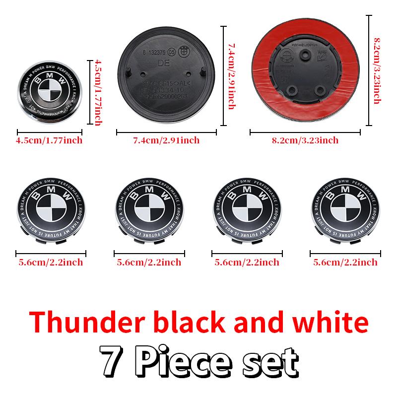 Competition Black White Emblem Set for BMW Hood Trunk Wheel Steering Badge 7Pcs 74m 82mm 68mm 56mm Universal 2-Pin 3-Pin Clips