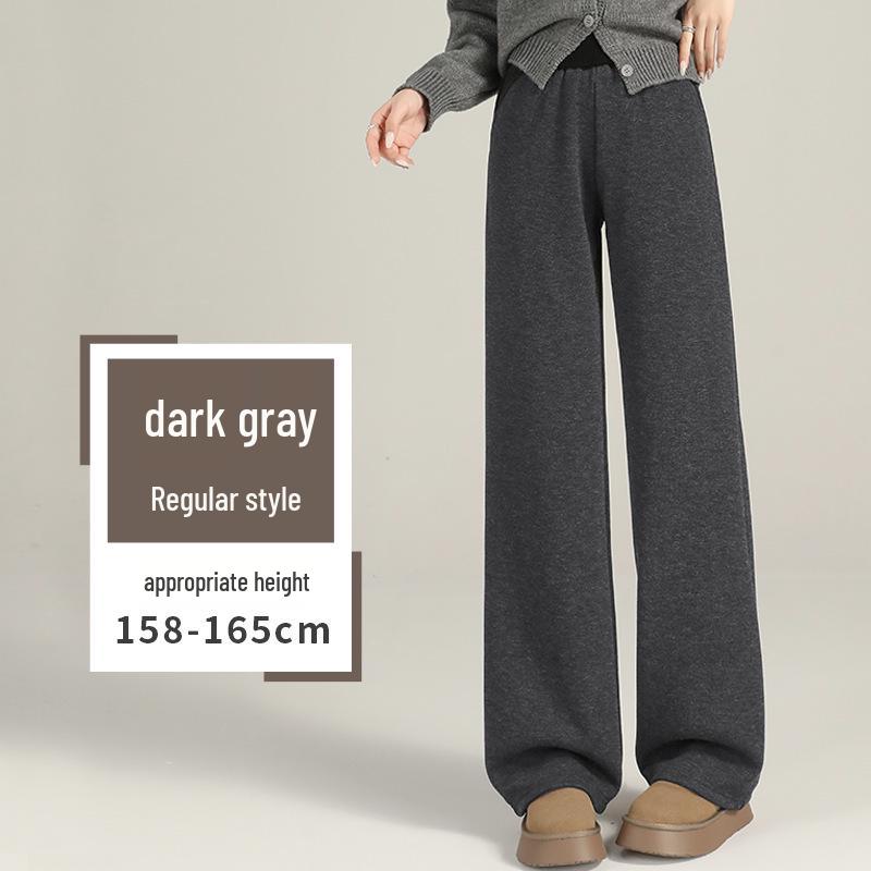 

Women s Autumn/Winter Deep Gray Wool Wide-Leg Slimming Velvet-Lined Straight Pants XL for 120-130 jin