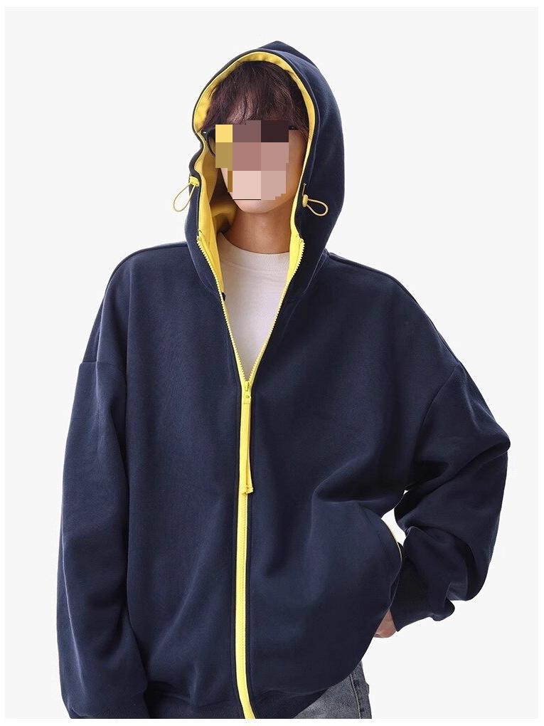 

Unisex American Color Block Zipper Hoodie: Trendy, Loose-Fit Cardigan Sweatshirt. XXL темно-синього кольору