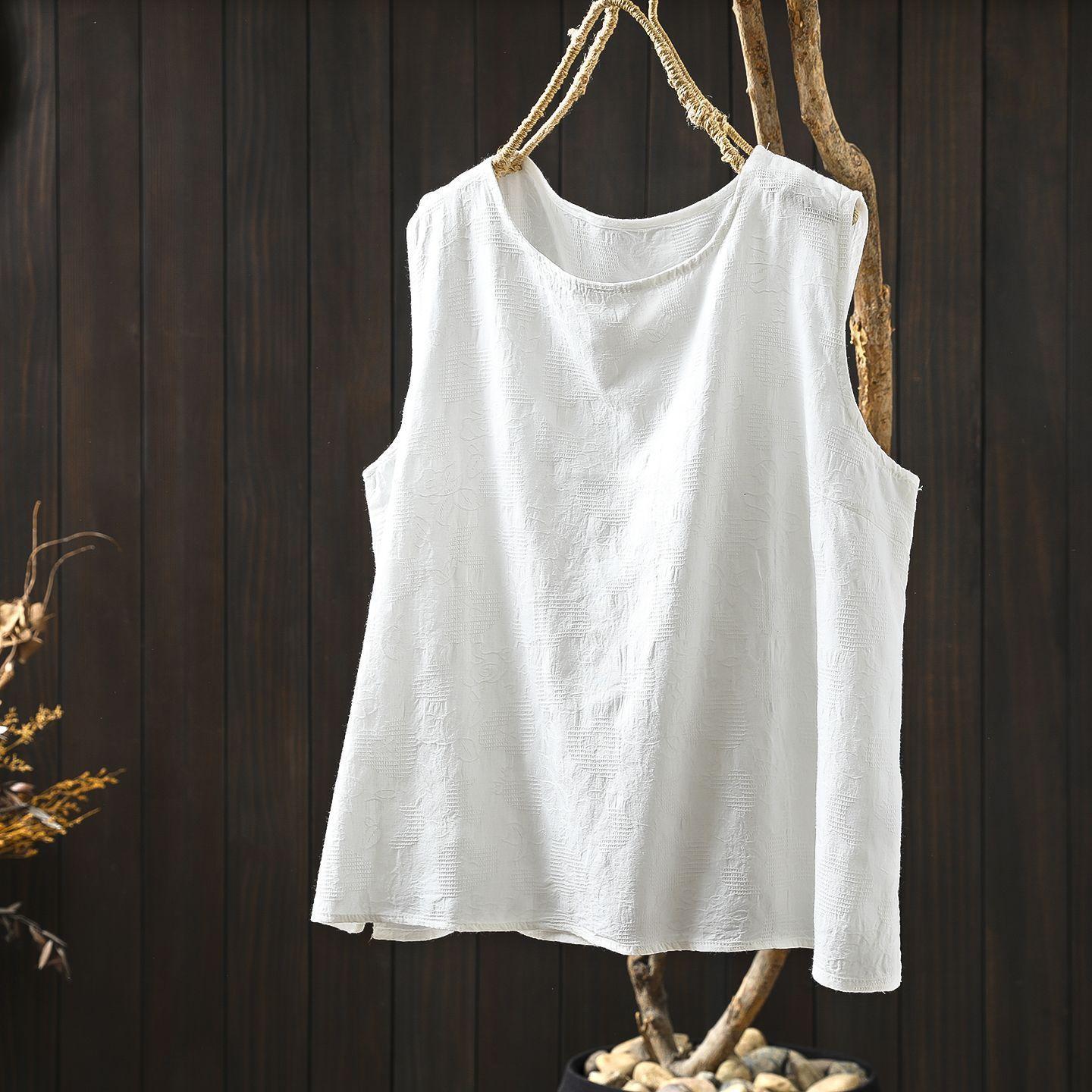 Women S Sleeveless Cotton Linen Jacquard Vest Loose Literary Casual Summer Top M