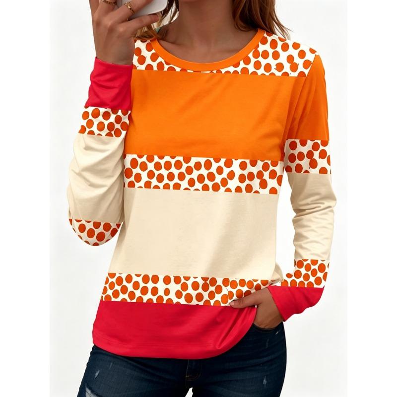 Women's Polka Dot Color Block Print Crew Neck T-Shirt, Casual Tops for Spring Summer Daily Streetwear
