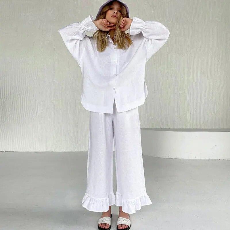 Conjunto de dos piezas de línea de algodón para mujer, pantalones