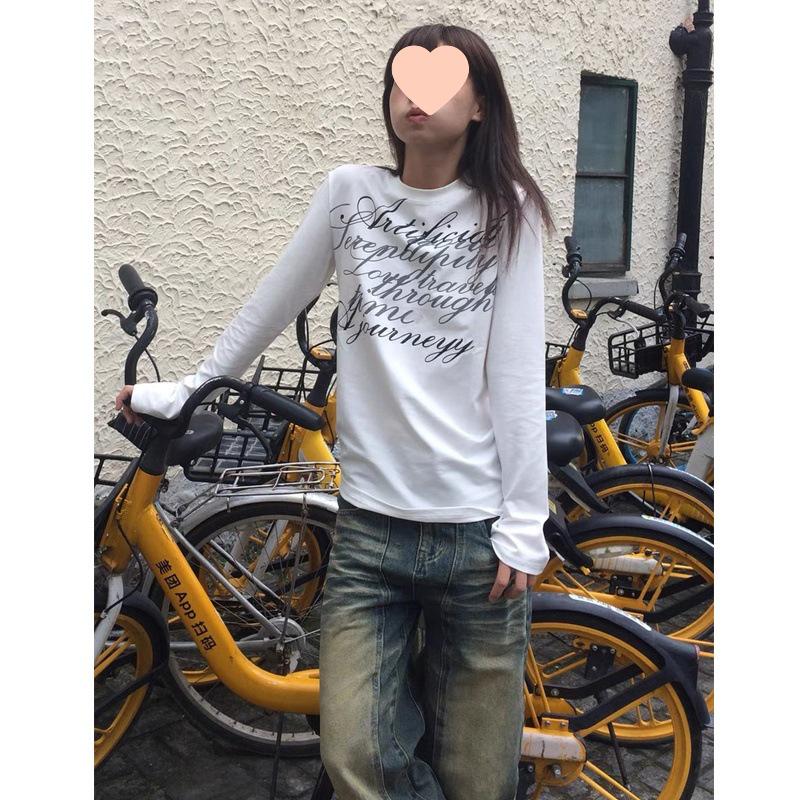 

Women s White Letter Print Long Sleeve T-Shirt - Autumn/Winter 2025 Round Neck Loose Fit XL