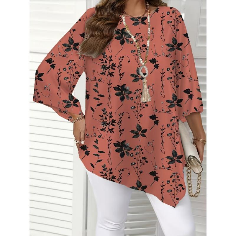 Floral Print Denim‑Effect Women 3/4 Sleeve Pocket Tunic Shirt